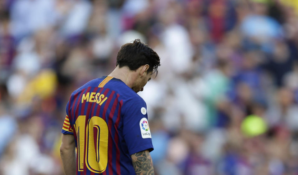 FC Barcelona's Lionel Messi looks down during the Spanish La Liga soccer match between FC Barcelona and Athletic Bilbao at the Camp Nou stadium in Barcelona, Spain, Saturday, Sept. 29, 2018. (AP Photo/Manu Fernandez)