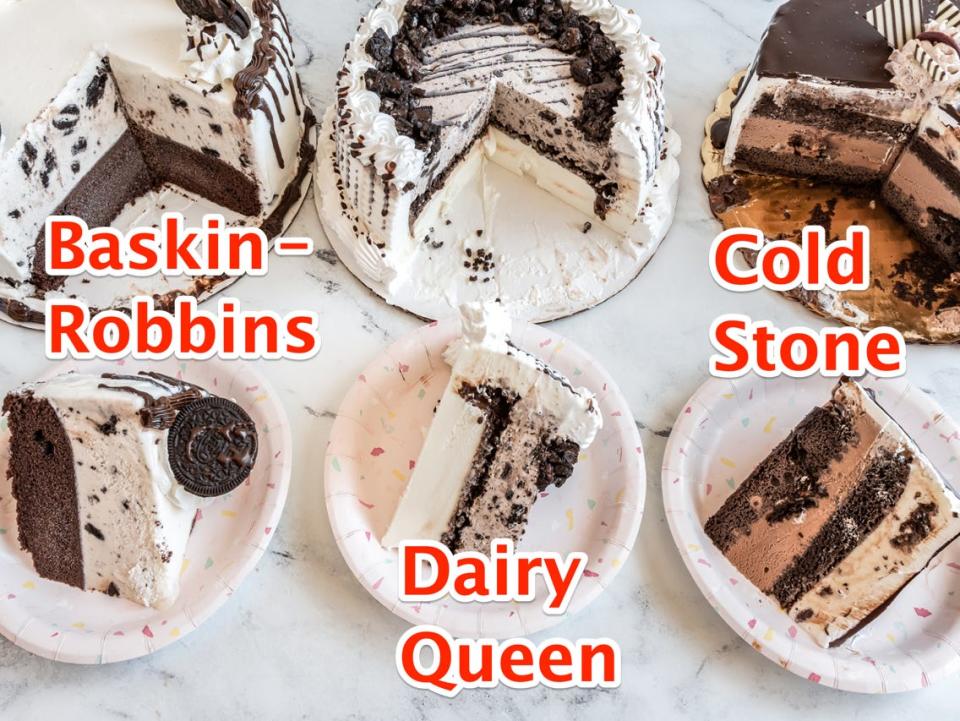 baskin robbins, dairy queen, and cold stone ice cream cakes on a white table with slices of each in front of them