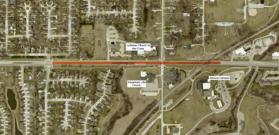 Starting April 29, traffic will be reduced to one lane in each direction on Eighth Street Southwest from just east of Scenic View Boulevard to just east of the railroad underpass, approaching the Altoona Campus entrance.