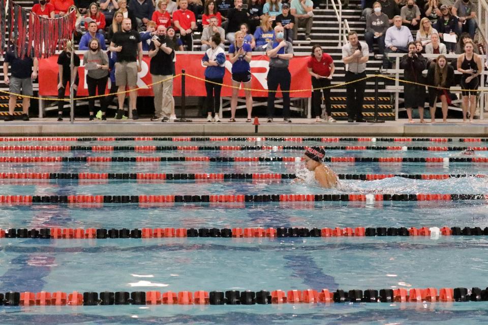 Hatboro-Horsham's Kathy Jia leads her race in the 100 breastroke at last season's 2022 District One swimming meet on February 27, 2022.