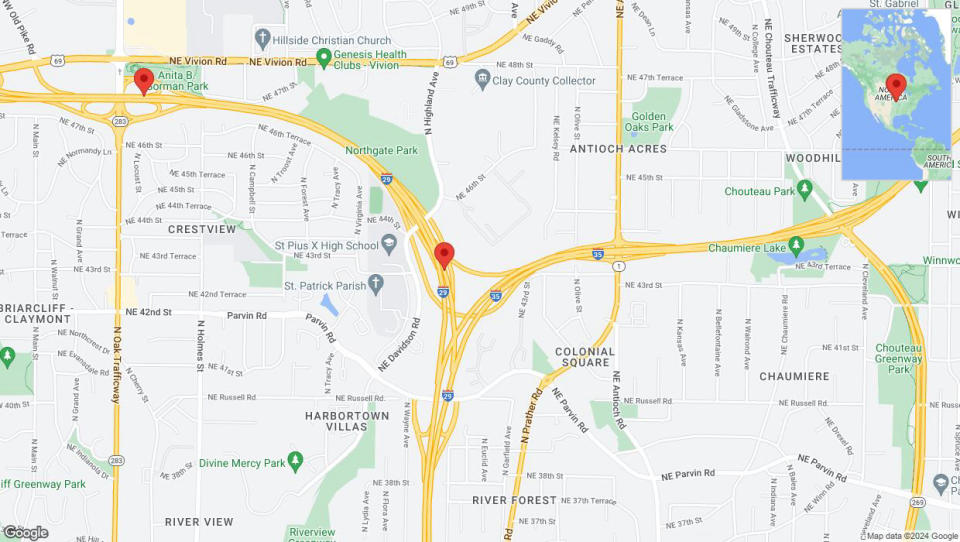 A detailed map that shows the affected road due to 'Heavy rain prompts traffic warning on northbound I-29 in Kansas City' on May 2nd at 4:20 p.m.