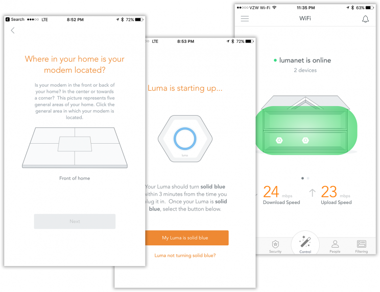 The Luma app queries you about your home setup.