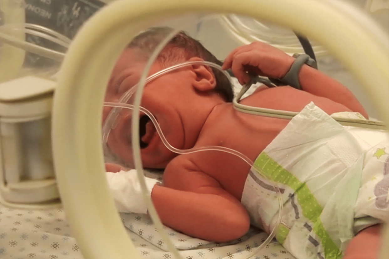 A newborn lies in an incubator at Nasser Hospital in Khan Younis, Gaza.  (NBC News)