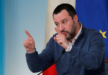 FILE PHOTO: Italy's Interior Minister Matteo Salvini gestures as he attends a news conference regarding the return of former leftist guerrilla Cesare Battisti, in Rome, Italy, January 14, 2019. REUTERS/Remo Casilli/File Photo