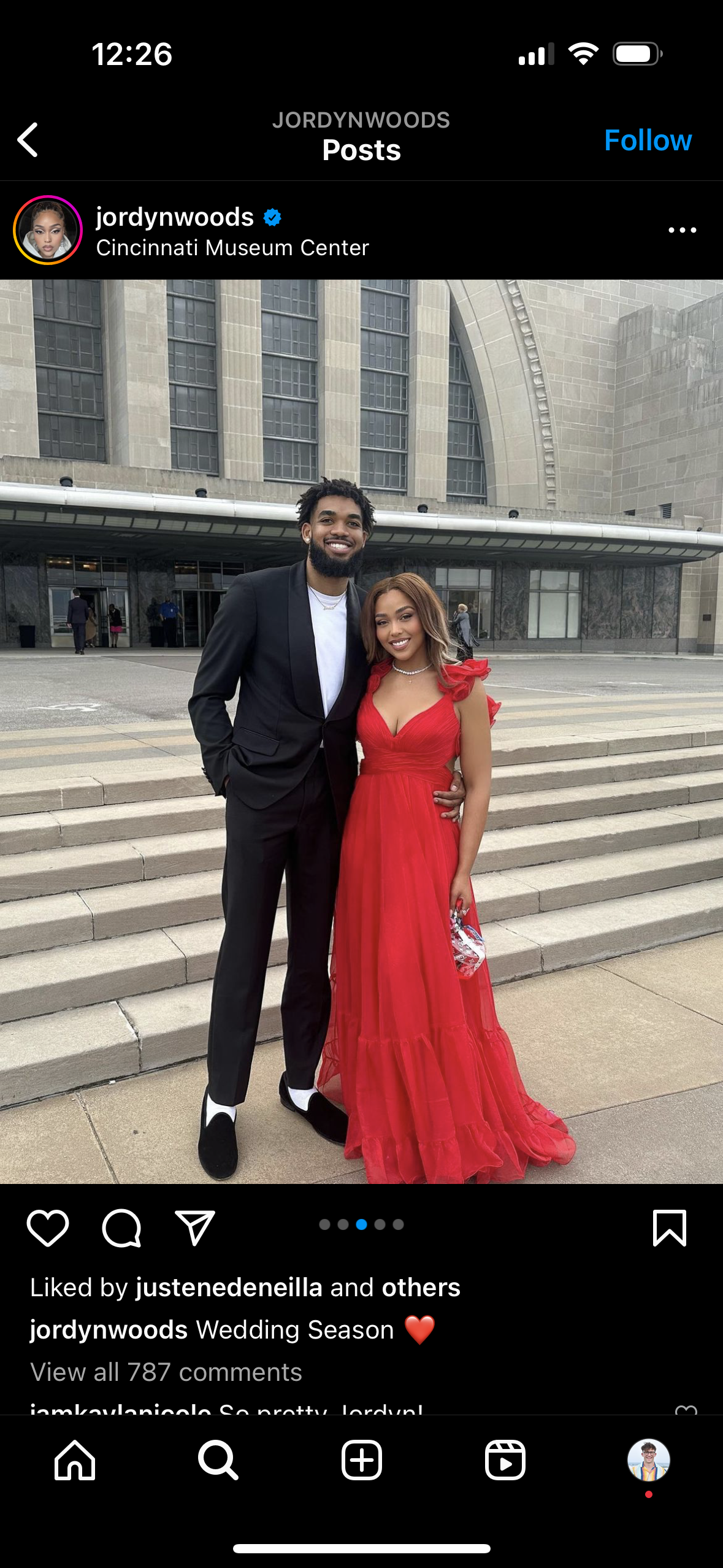 NBA star Karl-Anthony Towns and social media influencer Jordyn Woods attended a wedding in Cincinnati over the weekend.