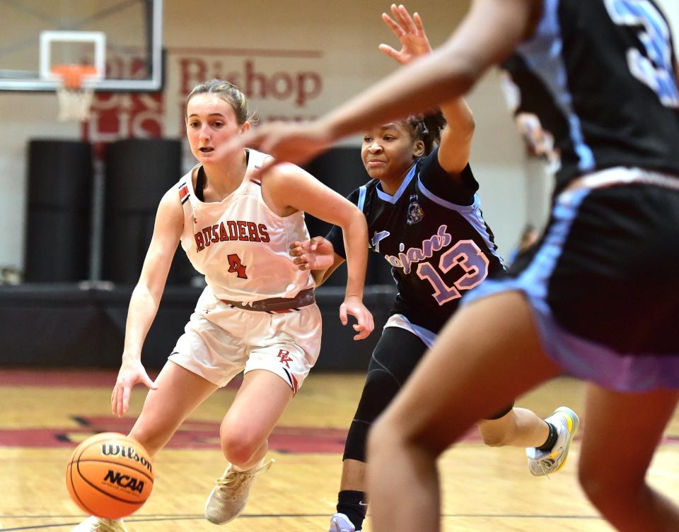 Bishop Kenny guard Reese Mayer (4) dribbles into the lane as Ribault's Alex Gross (13) defends.