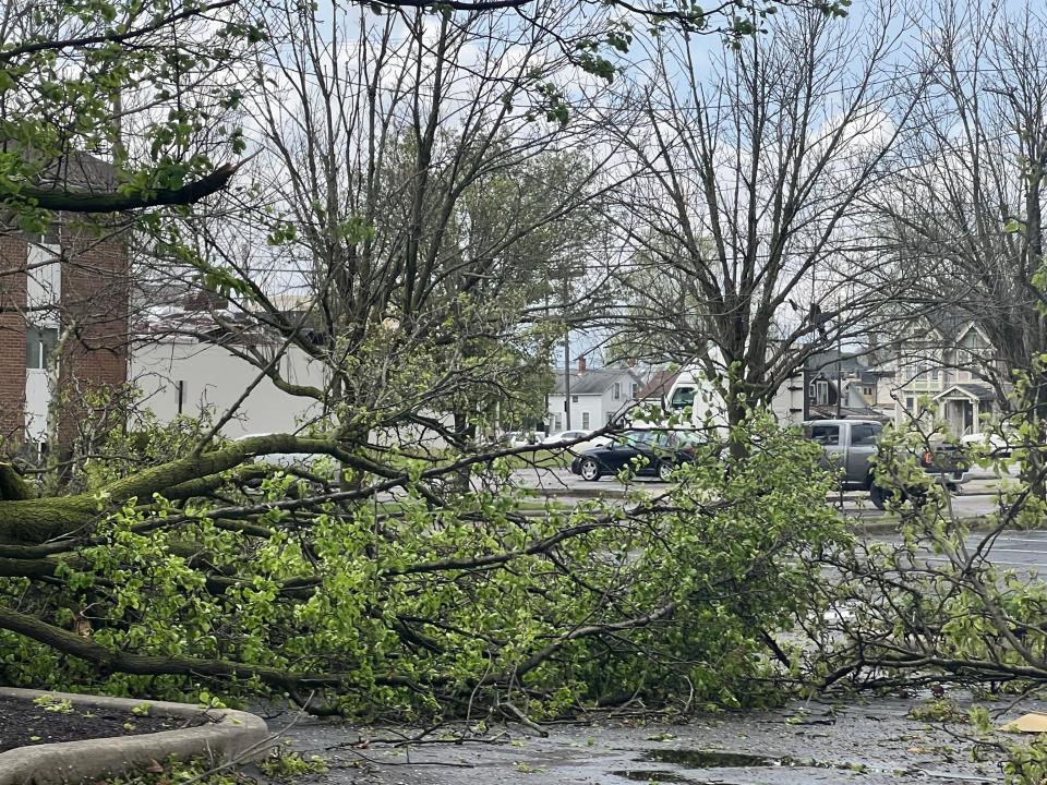 A high-wind storm hit Bucyrus and Crawford County late afternoon Wednesday. Trees were knocked down, buildings were damaged and power was out.