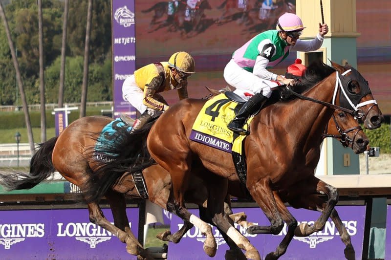 Idiomatic, Florent Geroux up, wins the Breeders Cup Distaff during the 40th running of the Breeders' Cup Championships at Santa Anita Park in Arcadia, Calif., on Saturday. Photo by Mark Abraham/UPI