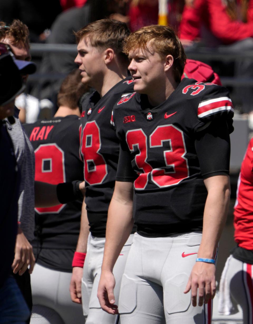 Ohio State quarterbacks Will Howard (18) and Devin Brown (33) stand on the sideline during the spring game.