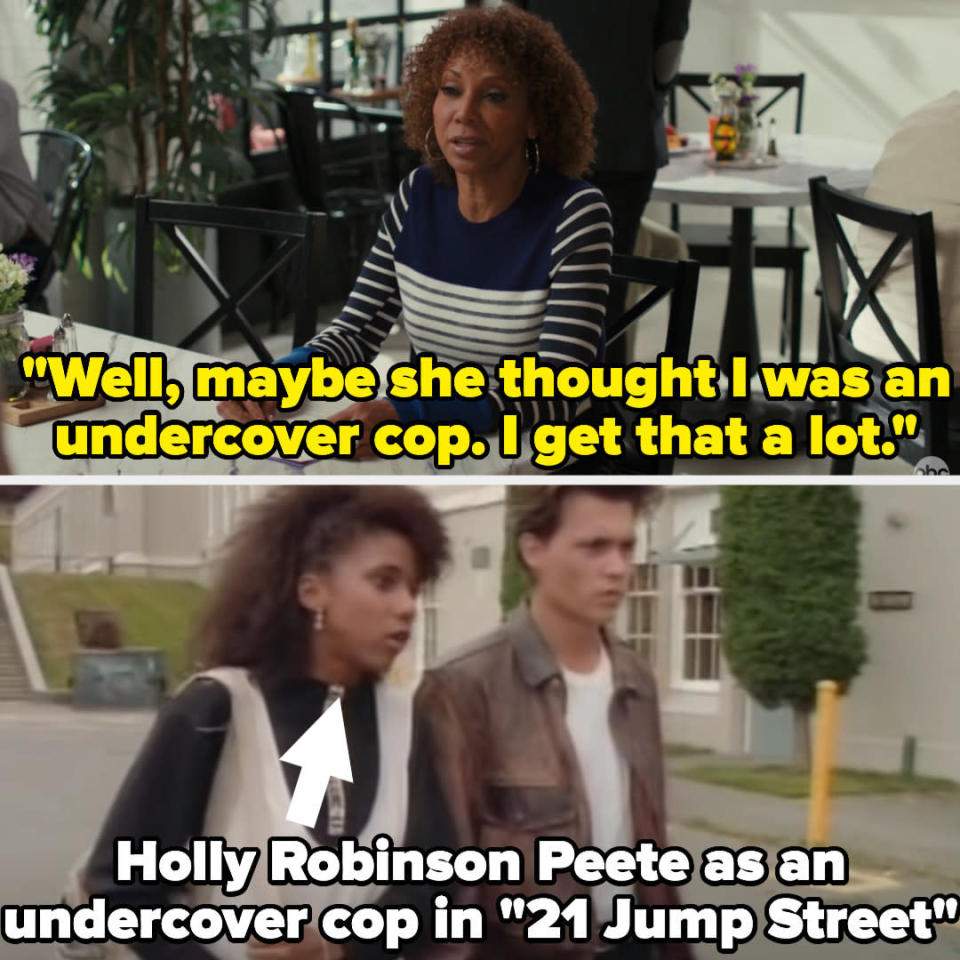 On American Housewife, Tami says &quot;Well, maybe she thought I was an undercover cop. I get that a lot&quot; and then there&#39;s a photo of the actress as an undercover cop on 21 Jump Street