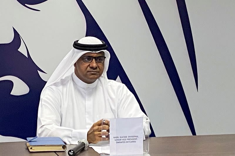 Nabil Sultan, Divisional Senior Vice President, Emirates SkyCargo speaks during at news conference at the International Humanitarian City in Dubai