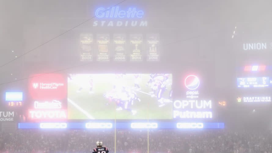 <p>The fog rolled into Gillette Stadium on Sunday night to give a different look to the matchup between the Patriots and Falcons than we got when they met at Super Bowl LI in Houston in February. While any appearance of fog calls to mind the “Fog Bowl” between the Eagles and Bears in Chicago during [<br><a rel="nofollow noopener" href="http://profootballtalk.nbcsports.com/2017/10/23/tom-brady-fog-looked-cool-on-tv-but-didnt-affect-much/" target="_blank" data-ylk="slk:more;elm:context_link;itc:0;sec:content-canvas" class="link ">more</a>]<br></p>