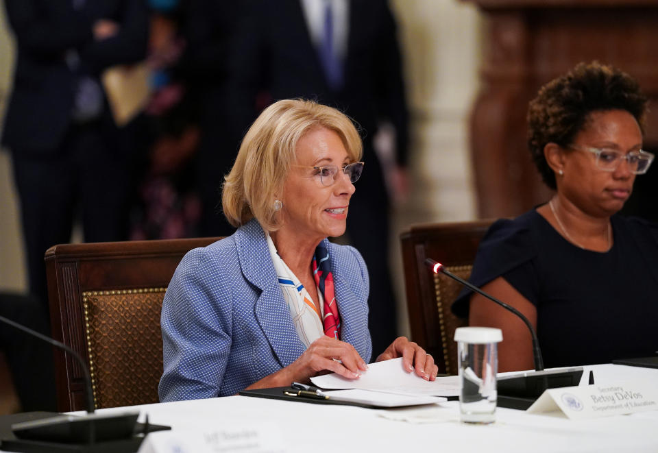 U.S. Education Secretary Betsy Devos attends an event on reopening schools amid the coronavirus disease (COVID-19) pandemic in the East Room at the White House in Washington, U.S., July 7, 2020. (Kevin Lamarque/Reuters)