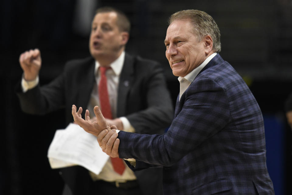 Michigan State coach Tom Izzo reacts reacts during the first half of the team's NCAA college basketball game against Penn State, Tuesday, March 3, 2020, in State College, Pa. (AP Photo/John Beale)
