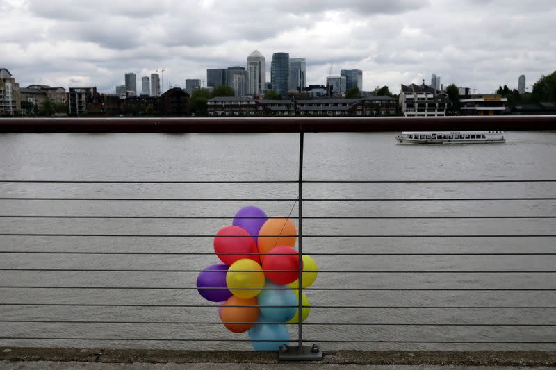 FILE PHOTO: Balloons are tied to railings facing the financial district of Canary Wharf at Greenwich, South London