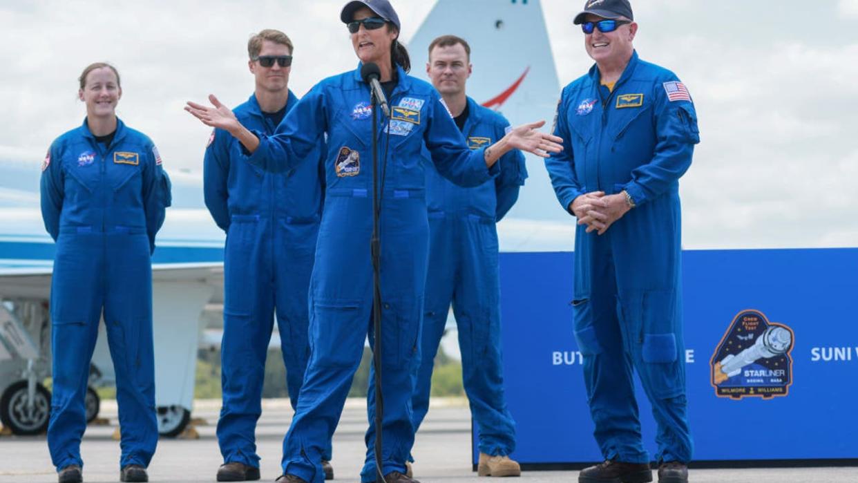 <div>CAPE CANAVERAL, FLORIDA - APRIL 25: NASA’s Boeing Pilot Suni Williams (C) and Crew Flight Test Commander Butch Wilmore (R) address the media after arriving at the Kennedy Space Center on April 25, 2024 in Cape Canaveral, Florida. They arrived for a mission aboard Boeing Starliner to the International Space Station that is currently set to launch from the Cape Canaveral Space Force Station on May 6. (Photo by Joe Raedle/Getty Images)</div>