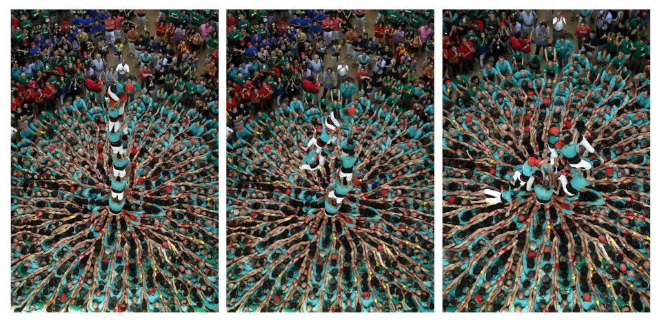 A picture combination shows as Castellers de Vilafranca forming a human tower and falling down during a biannual competition in Tarragona city October 5, 2014. The formation of human towers is a tradition in the area of Catalonia. (REUTERS/Albert Gea)