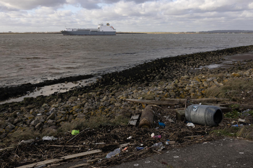 CLIFFE, UNITED KINGDOM - JANUARY 13: Wood, plastics and other detritus line the shoreline of the Thames estuary on January 13, 2023 in Cliffe, United Kingdom. The Department for Environment, Food and Rural Affairs (DEFRA) publishes plans to ban the supply and use of commonly used single plastics, such as plates and cutlery, in England from October 2023. The ban applies to restaurants, cafes and takeaway meals. It is estimated that about eight million metric tons of plastic find their way into the world's oceans every year. Once in the Ocean plastic can take hundreds of years to degrade, all the while breaking down into smaller and smaller 'microplastics,' which can be consumed by marine animals, and find their way into the human food chain. (Photo by Dan Kitwood/Getty Images)