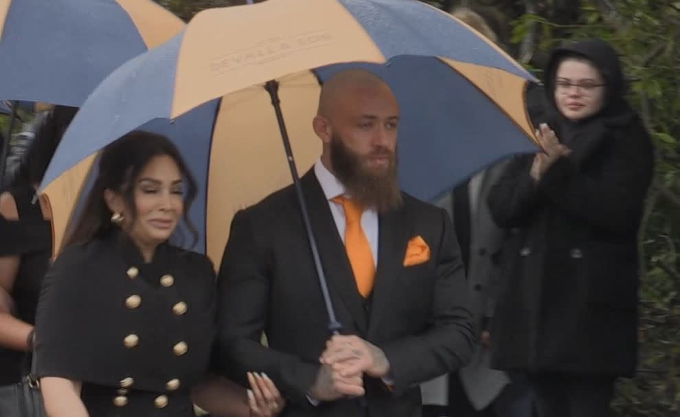 Ashley Cain and his partner Safiyya Vorajee during the funeral procession for Azaylia Cain in Nuneaton, Warwickshire. Hundreds of well-wishers lined the streets for the funeral of the eight-month-old, who was the daughter of former Coventry City footballer and Ex On The Beach star Mr Cain. Picture date: Friday May 21, 2021.