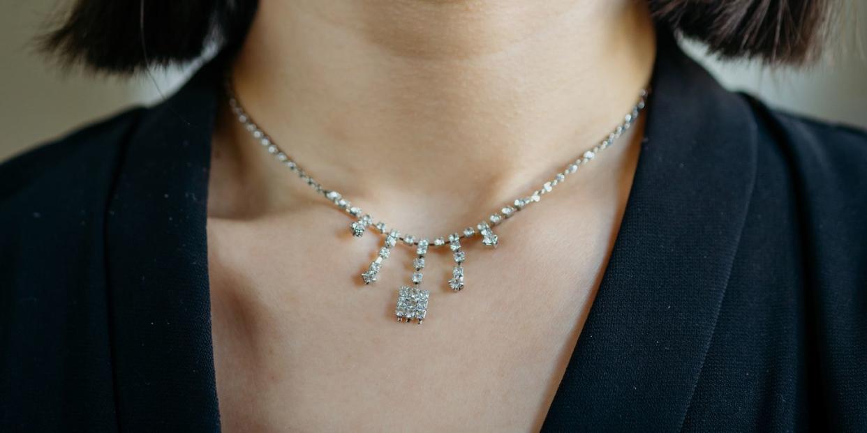 close up detail of a diamond necklace