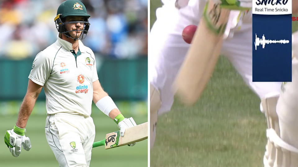 Australian captain Tim Paine was visibly frustrated after his controversial DRS dismissal in the second innings of the Boxing Day Test. Pictures: Getty Images/Channel 7