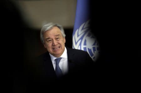 FILE PHOTO - U.N. Secretary General Antonio Guterres, speaks to the media after a meeting with Costa Rica's President Carlos Alvarado at the Presidential house in San Jose, Costa Rica July 16, 2018. REUTERS/Juan Carlos Ulate