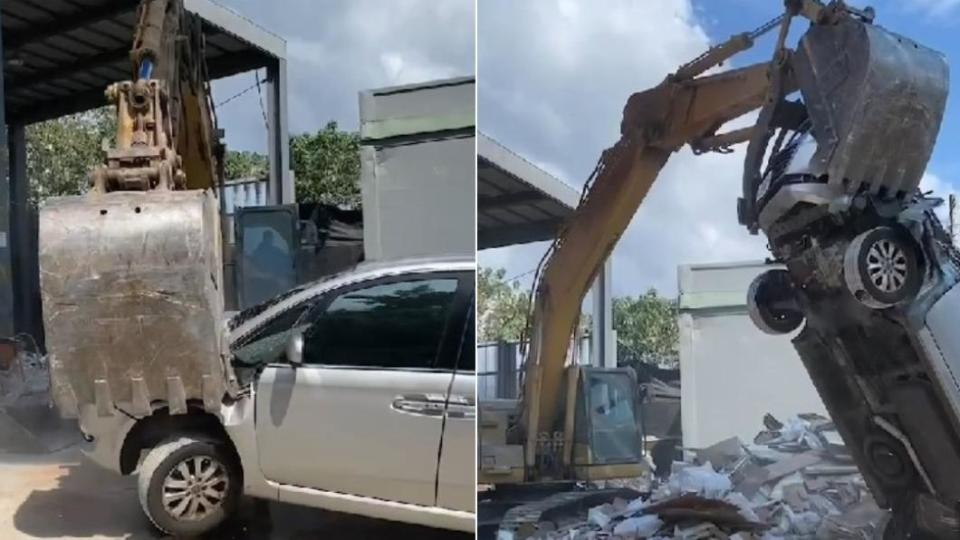 怪手將整台公務車吊起重摔。（圖／翻攝自記者爆料網）