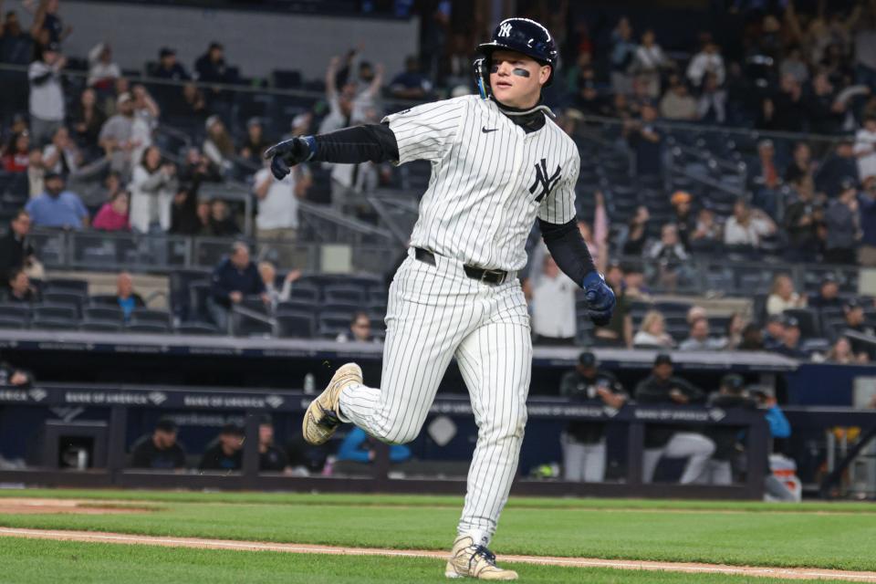Apr 9, 2024; Bronx, New York, USA; New York Yankees left fielder Alex Verdugo (24) reacts after hitting a solo home run during the second inning against the Miami Marlins at Yankee Stadium. Mandatory Credit: Vincent Carchietta-USA TODAY Sports