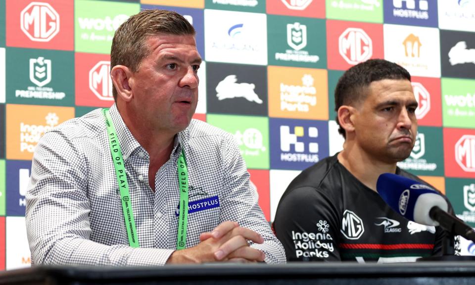 <span>South Sydney coach Jason Demetriou and playmaker Cody Walker speak to media following the Rabbitohs’ Rd 6 defeat by Cronulla Sharks at Accor Stadium.</span><span>Photograph: Brendon Thorne/Getty Images</span>