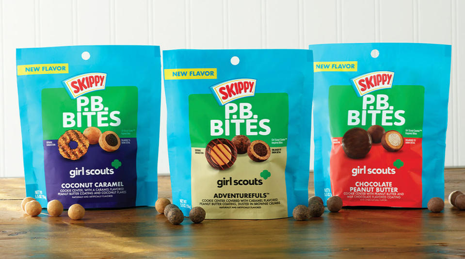 Skippy P.B. Bites is debuting new Girl Scout Cookie-inspired flavors, including Coconut Caramel, Adventurefuls and Chocolate Peanut Butter. (Courtesy Hormel Foods / Girl Scouts of the USA)