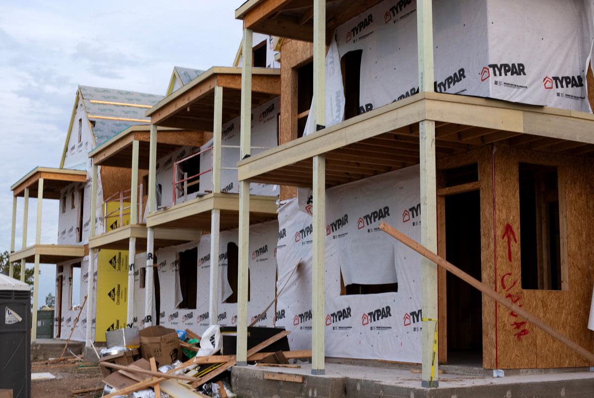 Homes under construction in the Mueller neighborhood in East Austin on Oct. 7, 2023.