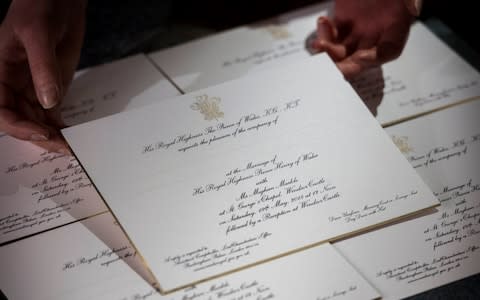 Invitations for Prince Harry and Meghan Markle's wedding in May, after they have been printed at the workshop of Barnard and Westwood in London - Credit: Victoria Jones /PA