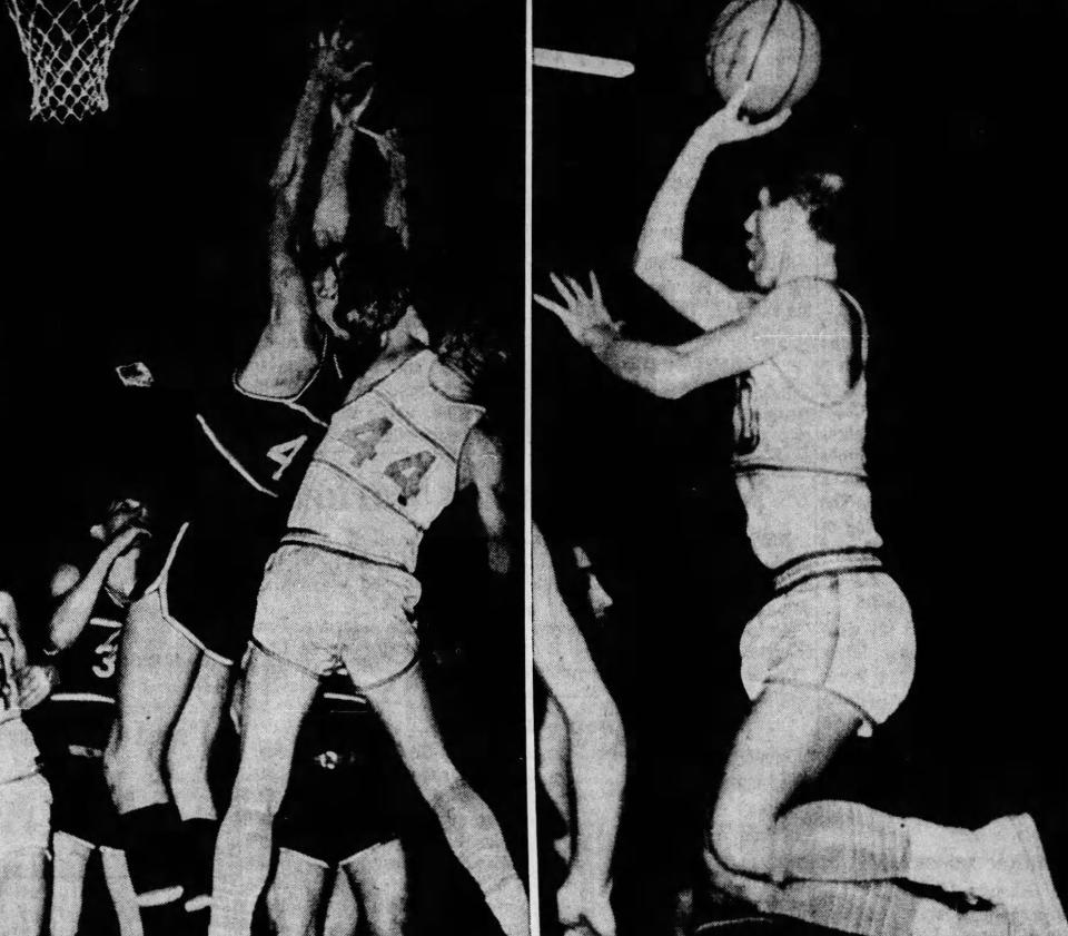 River Valley's Fred Temple (44) in the left photo goes up for a rebound against Jackson Center, while RV's Gary Tyo goes up for a shot in the regional final game at Troy's Hobart Arena in 1963.