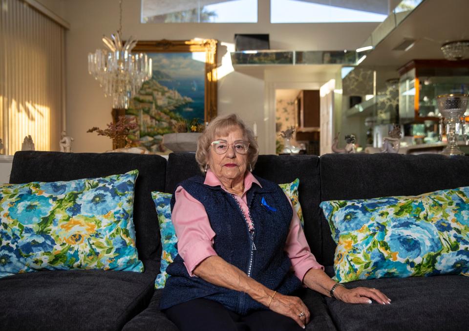 Holocaust survivor Ruth Lindemann poses for a photo in her home in Palm Springs on Dec. 16, 2023.