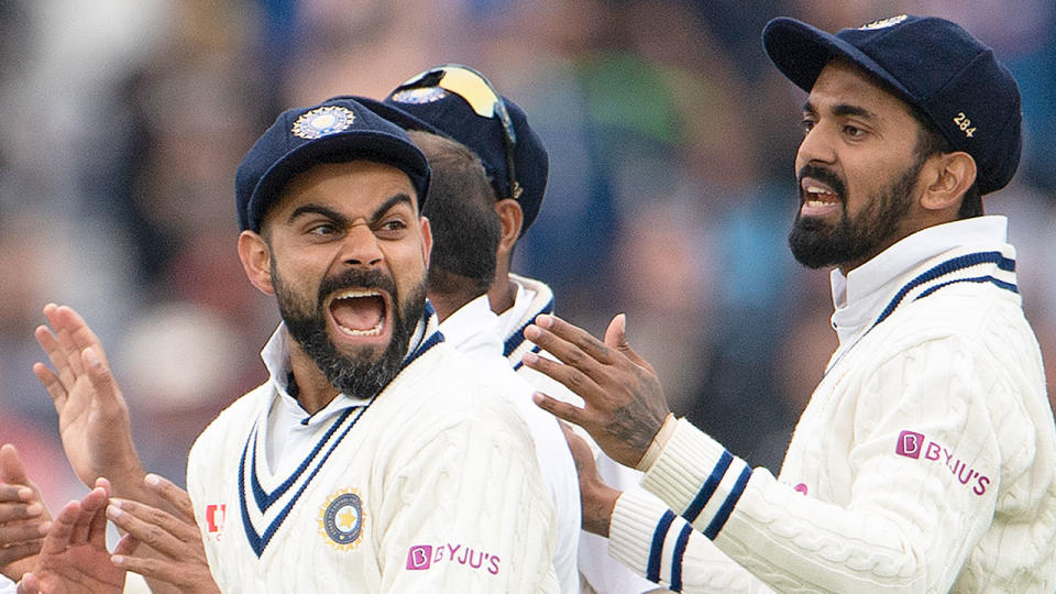 India captain Virat Kohli is seen here reacting with delight after his side takes an England wicket. 