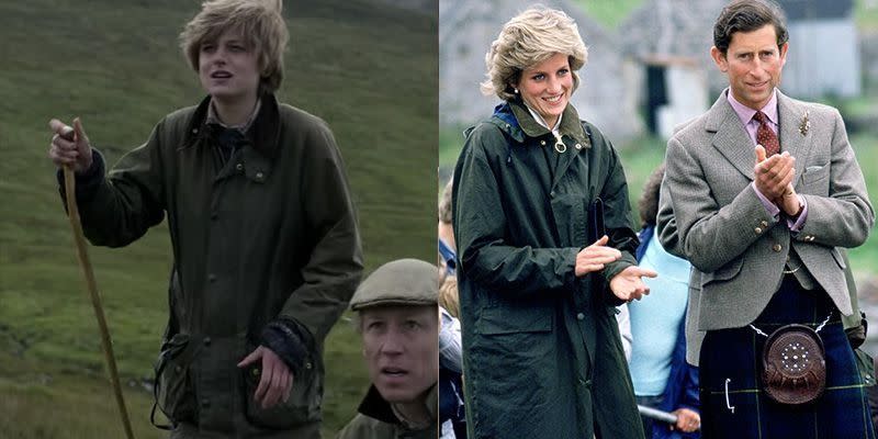 <p>Princess Diana was a country girl at heart, so it's no surprise that she had a number of Barbour wax jackets in her closet. <em>The Crown </em>depicts Diana suited up in the posh English outwear that she wore in 1985 on a visit to the Western Isles. </p>