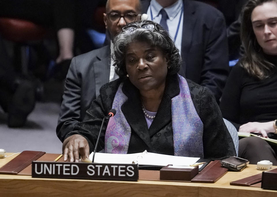 United Nations U.S. Ambassador Linda Thomas-Greenfield addresses the U.N. Security Council before a vote on a U.S. resolution over the conflict between Israel and the Palestinians, Wednesday, Oct. 25, 2023 at U.N. headquarters. (AP Photo/Bebeto Matthews)