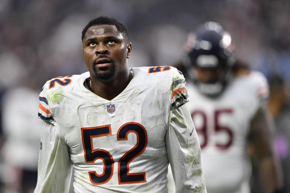 LAS VEGAS, NEVADA - OCTOBER 10:  Outside linebacker Khalil Mack #52 of the Chicago Bears walks off the field after a game against the Las Vegas Raiders at Allegiant Stadium on October 10, 2021 in Las Vegas, Nevada. The Bears defeated the Raiders 20-9. (Photo by Chris Unger/Getty Images)