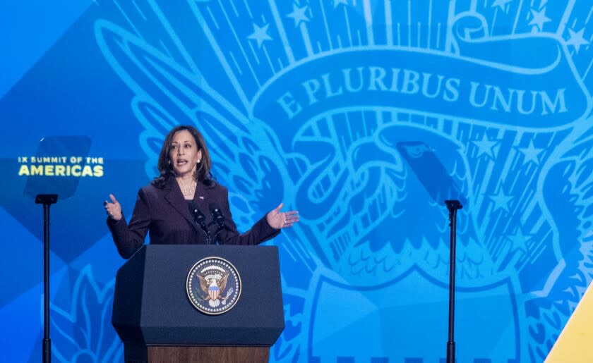 Los Angeles, CA - June 08: U.S.Vice President Kamala Harris speaks during the Inaugural Ceremony of the the Summit of the Americas at the Microsoft Theater in , Los Angeles, CA on Wednesday, June 8, 2022. (Allen J. Schaben / Los Angeles Times)
