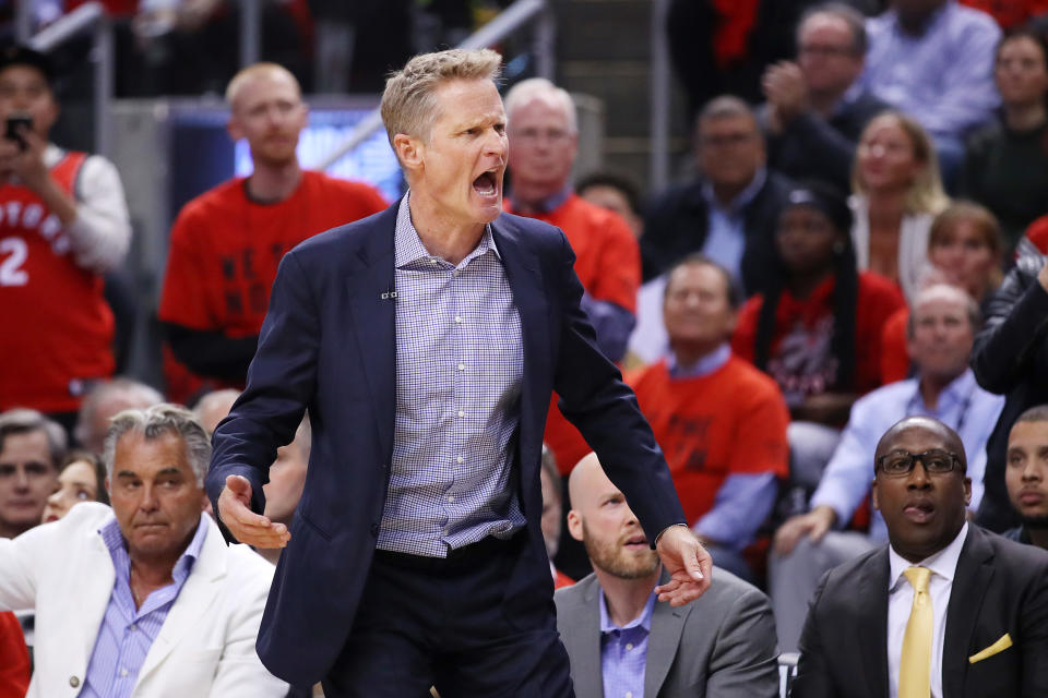 Steve Kerr had some strong words about the situation that brought Anthony Davis to the Lakers. (Photo by Gregory Shamus/Getty Images)