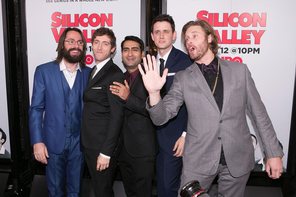 HOLLYWOOD, CA - APRIL 02:  (L-R) Actors Martin Starr, Thomas Middleditch, Kumail Nanjiani, Zach Woods and T. J. Miller arrive for the premiere of HBO's "Silicon Valley" 2nd Season - Arrivals at the El Capitan Theatre on April 2, 2015 in Hollywood, California.  (Photo by Gabriel Olsen/Getty Images)