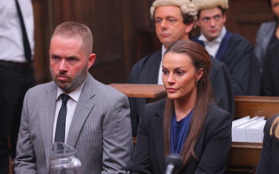 Chanel Cresswell as Coleen and Dion Lloyd as Wayne Rooney in upcoming series Vardy v Rooney: A Courtroom Drama - Channel 4