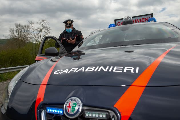 Carabinieri of the Radio Mobile Department during the checkpoint on the Salaria, with the support of the helicopter of the 16th Group in Rieti, Italy, on April 27, 2021. They carried out territorial checks with the use of a helicopter and the Carabinieri's Mobile Radio Unit on the city's main junctions. Such as the SS4 (Salaria) in the direction of Rome. (Photo by Riccardo Fabi/NurPhoto via Getty Images) (Photo: NurPhoto via Getty Images)