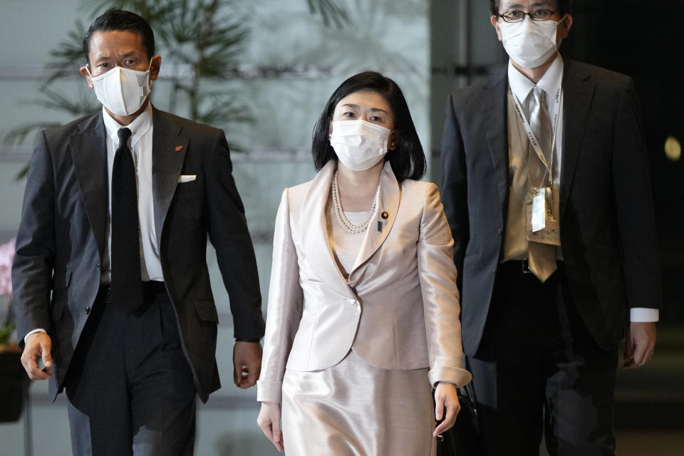 Karen Makishima, newly appointed Minister in charge of Digital Transformation, arrives at the prime minister's official residence Monday, Oct. 4, 2021, in Tokyo. Fumio Kishida has been elected Japan's prime minister in a parliamentary vote and will be tasked with quickly tackling the pandemic and other challenges and leading a national election within weeks. (AP Photo/Shuji Kajiyama)