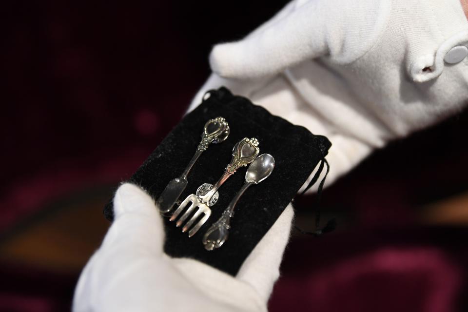 A small cutlery set found inside the original hard-shell case of the guitar used by musician Kurt Cobain during Nirvana's famous MTV Unplugged in New York concert in 1993, is pictured at the Hard Rock Cafe Piccadilly Circus in central London on May 15, 2020, prior to the auction of the guitar in Beverly Hills in June. - The 1959 Martin D-18E featured in the band's performance in November 1993, five months before Cobain's death at the age of 27. (Photo by DANIEL LEAL-OLIVAS / AFP) (Photo by DANIEL LEAL-OLIVAS/AFP via Getty Images)