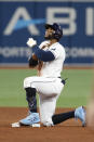 Tampa Bay Rays' Yandy Diaz reacts after hitting a two-run double against the Kansas City Royals during the seventh inning of a baseball game Thursday, Aug. 18, 2022, in St. Petersburg, Fla. (AP Photo/Scott Audette)