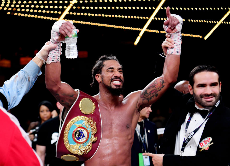 NEW YORK, NEW YORK - JANUARY 18: Demetrius Andrade of the United States reacts after defeating Artur Akavov of Russia during the WBO middleweight title fight at The Hulu Theater at Madison Square Garden on January 18, 2019 in New York City. (Photo by Sarah Stier/Getty Images)