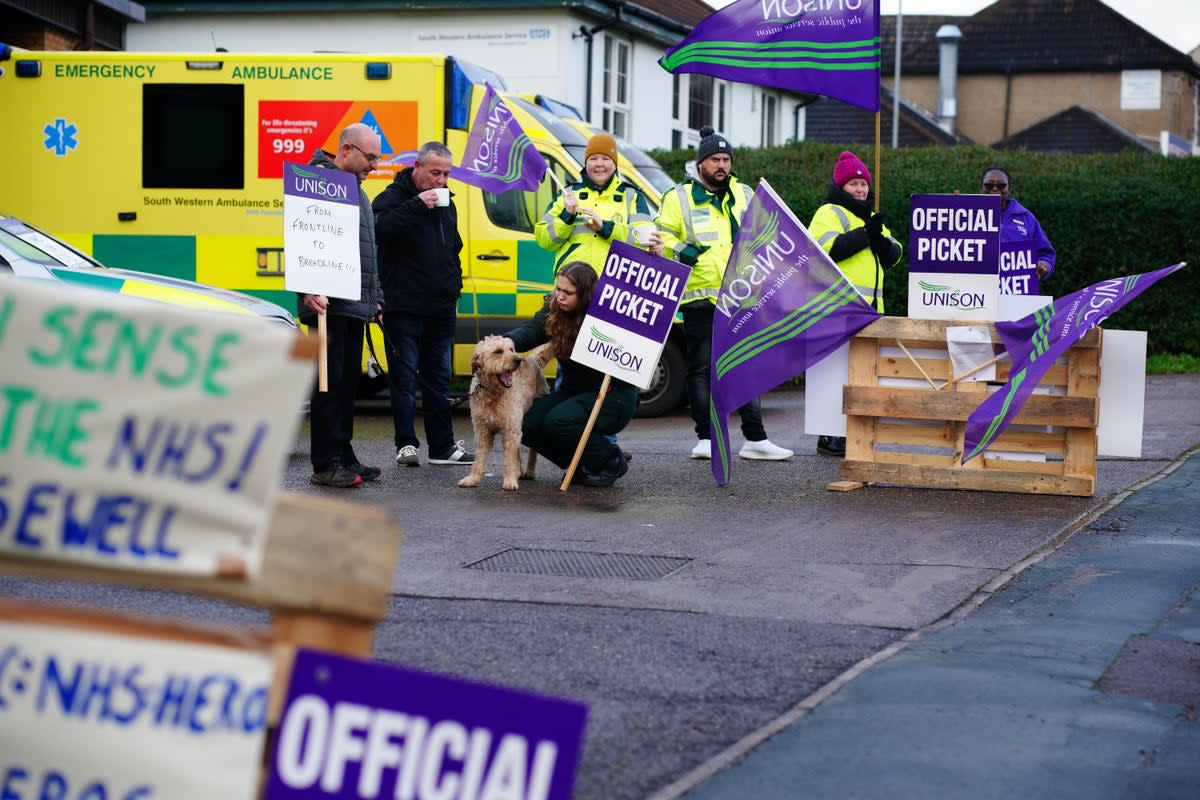 Ambulance workers on the picket line outside Soundwell Ambulance Station in Bristol (Ben Birchall/PA) (PA Wire)