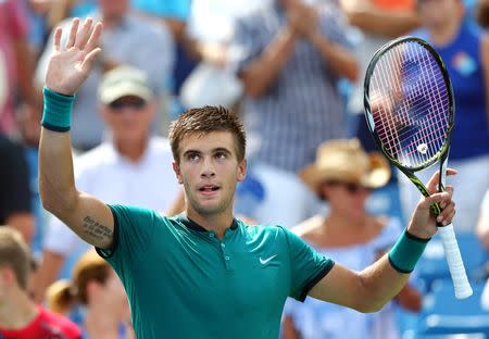 Aug 18, 2016; Mason, OH, USA; Borna Coric (CRO) reacts to defeating Rafael Nadal (ESP) on day six during the Western and Southern tennis tournament at Linder Family Tennis Center. Mandatory Credit: Aaron Doster-USA TODAY Sports