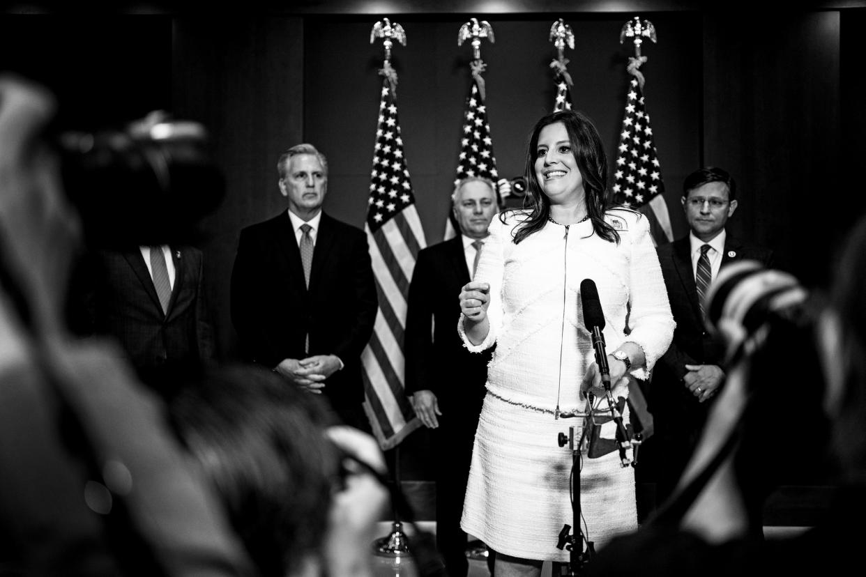 Rep. Elise Stefanik, R-N,Y., speaks during a news conference after the GOP Conference Chair election on Capitol Hill on Friday, May 14, 2021. (Kent Nishimura / Los Angeles Times via Getty Images file)